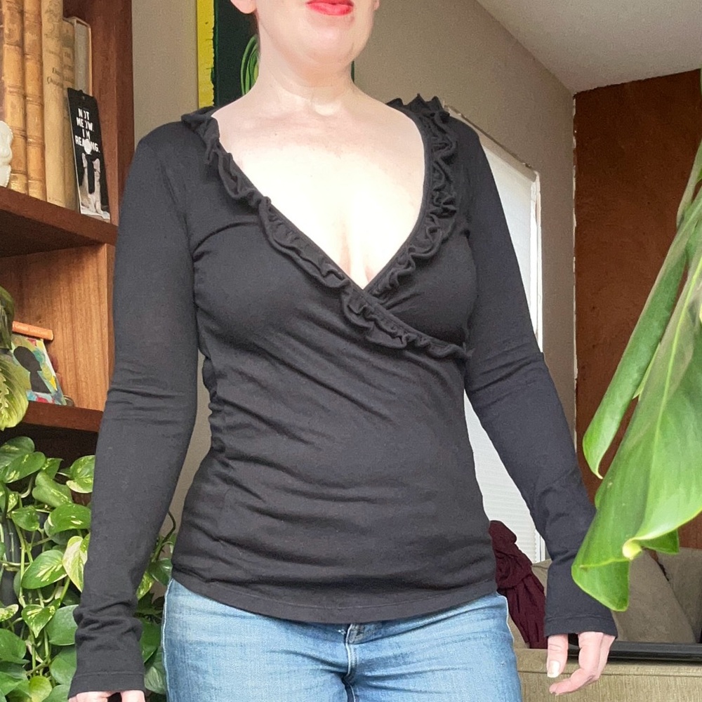 Velvet Black Ruffled V-Neck Faux Wrap Top